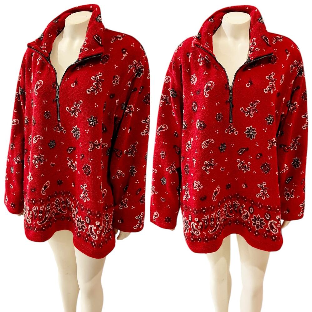 Tsunami Red Bandana Paisley Print Fleece Quarter Zip Pullover Large